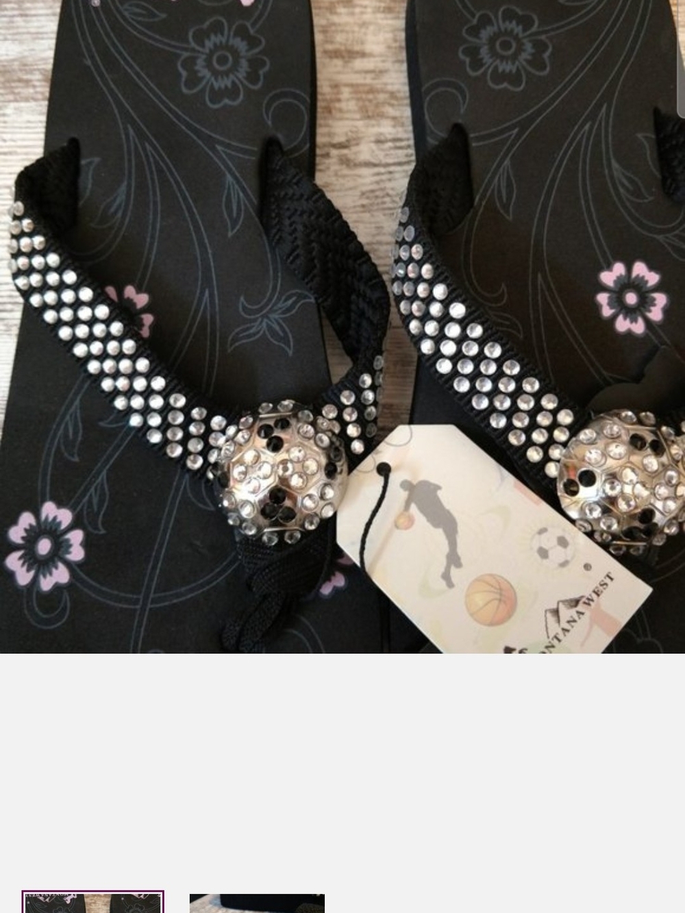 Montana West Black Rhinestone Flip Flop Sandals with Silver Gem Accents